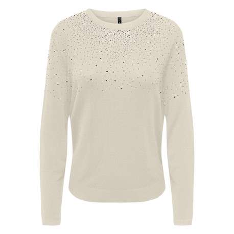 Pull beige uni pourvu d'un col rond côtelé et de manches longues