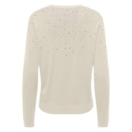 Pull beige uni pourvu d'un col rond côtelé et de manches longues - Image 2