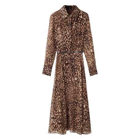 Robe longue brune à motif léopard pourvue d'une coupe midi et d'un col à rabats