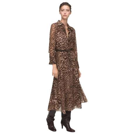 Robe longue brune à motif léopard pourvue d'une coupe midi et d'un col à rabats - Image 2