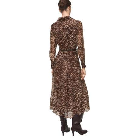Robe longue brune à motif léopard pourvue d'une coupe midi et d'un col à rabats - Image 3