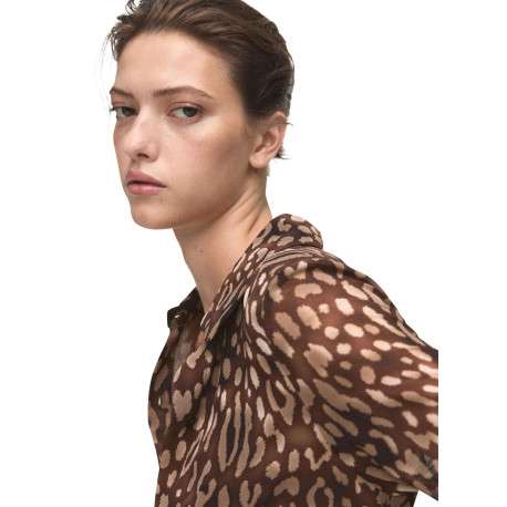 Robe longue brune à motif léopard pourvue d'une coupe midi et d'un col à rabats - Image 4
