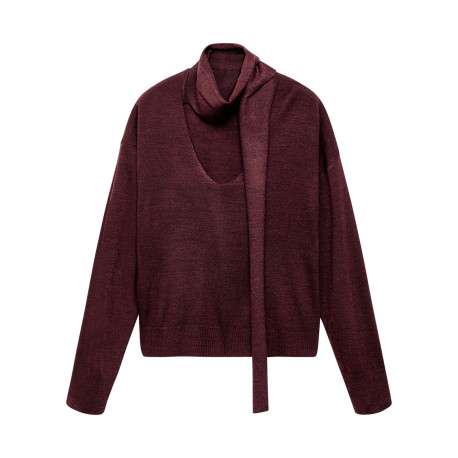 Pull bordeaux uni pourvu col montant écharpe et de manches longues