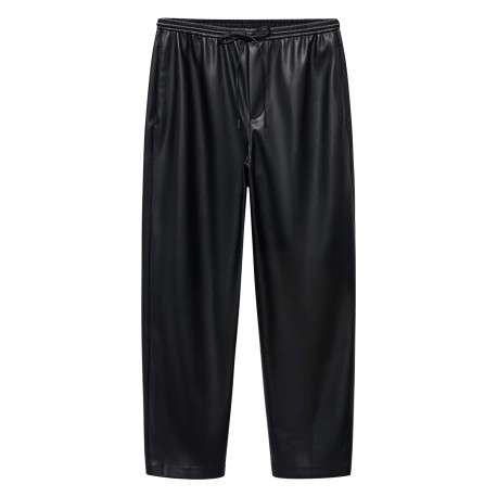 Pantalon chino noir en simili cuir pourvu d'une taille élastiquée