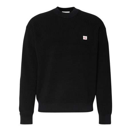 Pull en coton noir uni coupe ajustée col rond en maille gaufrée