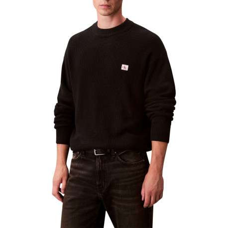 Pull en coton noir uni coupe ajustée col rond en maille gaufrée - Image 2