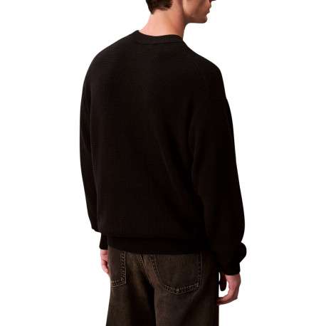 Pull en coton noir uni coupe ajustée col rond en maille gaufrée - Image 3