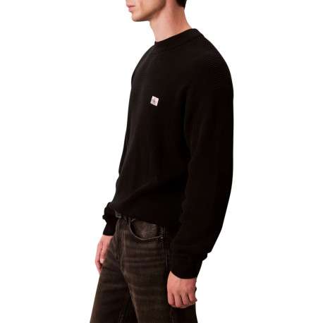 Pull en coton noir uni coupe ajustée col rond en maille gaufrée - Image 4
