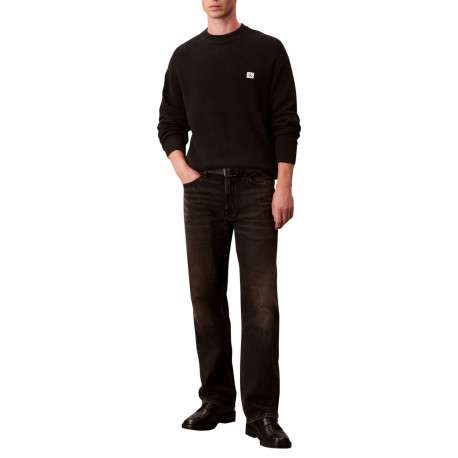Pull en coton noir uni coupe ajustée col rond en maille gaufrée - Image 6