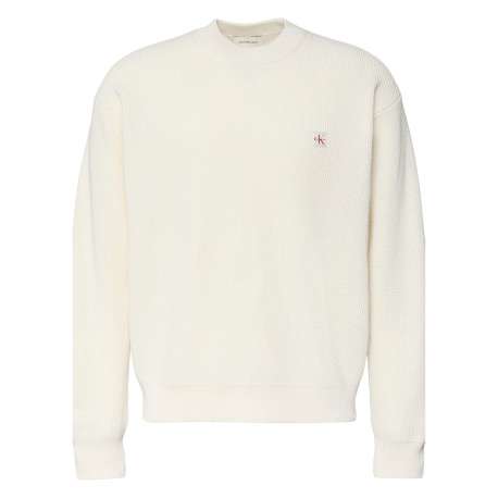 Pull en coton écru à maille effet gaufrée avec un col rond et coupe droite