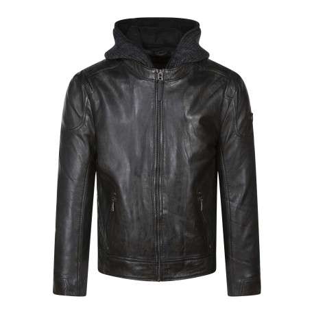 Blouson anthracite en cuir de mouton à coupe droite et avec un col à capuche