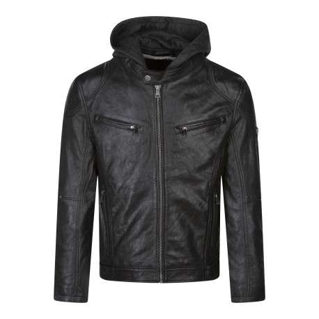 Blouson noir en cuir de mouton avec une coupe droite et un col à capuche