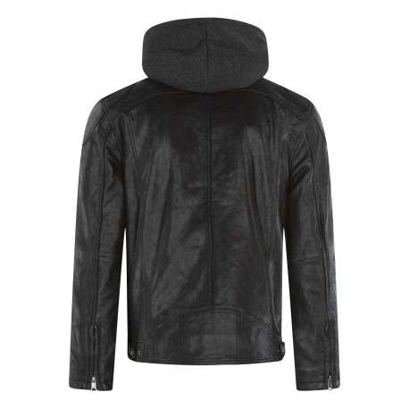 Blouson noir en cuir de mouton avec une coupe droite et un col à capuche - Image 2