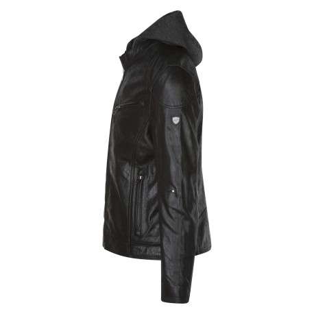 Blouson noir en cuir de mouton avec une coupe droite et un col à capuche - Image 3