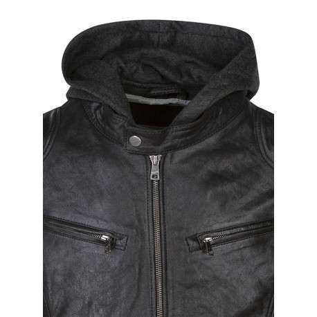 Blouson noir en cuir de mouton avec une coupe droite et un col à capuche - Image 4