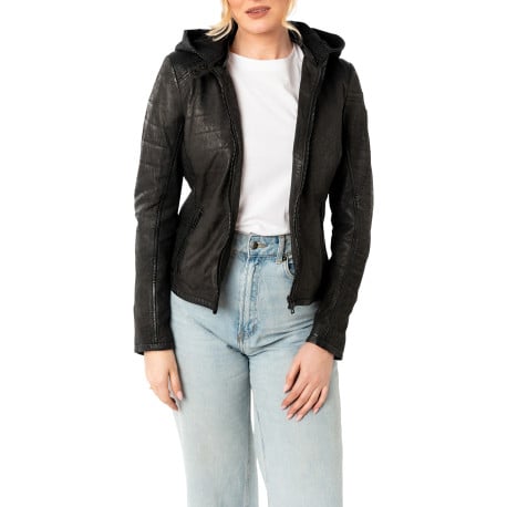 Blouson en cuir de mouton noir uni avec une coupe ajusté et un col à capuche