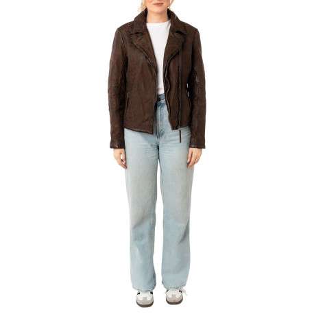 Veste perfecto brune en cuir de mouton avec motif léopard avec un col tailleur
