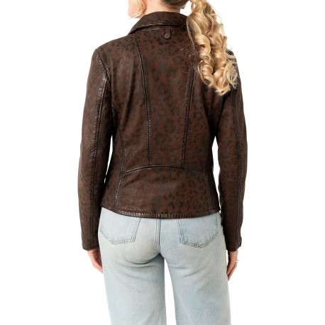 Veste perfecto brune en cuir de mouton avec motif léopard avec un col tailleur - Image 2