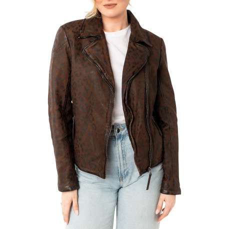 Veste perfecto brune en cuir de mouton avec motif léopard avec un col tailleur - Image 3