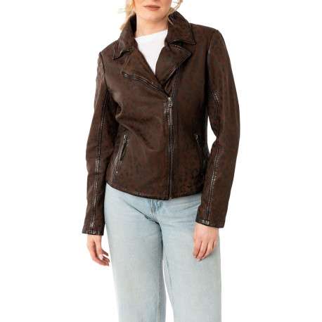 Veste perfecto brune en cuir de mouton avec motif léopard avec un col tailleur - Image 4
