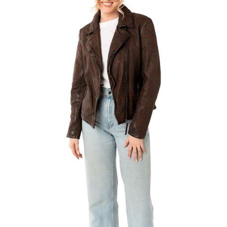 Veste perfecto brune en cuir de mouton avec motif léopard avec un col tailleur - Image 5