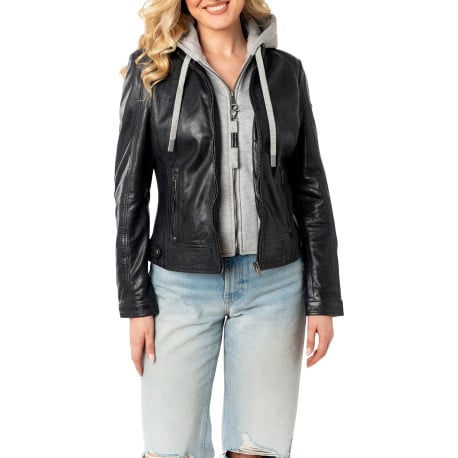 Blouson marine en cuir de mouton avec une coupe droite et un col à capuche