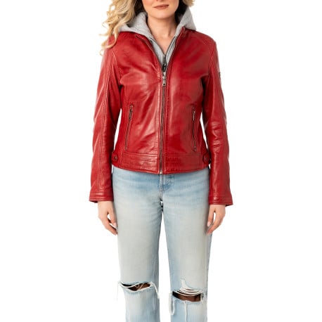Blouson en cuir de mouton rouge avec une coupe droite et un col à capuche