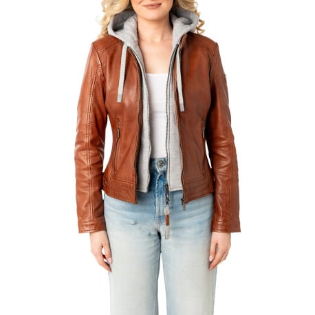 Blouson en cuir de mouton marron avec une coupe droite et un col à capuche