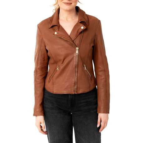 Veste perfecto en cuir de mouton camel avec une coupe droite et un col tailleur