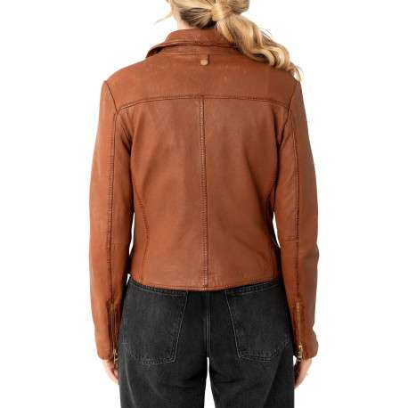 Veste perfecto en cuir de mouton camel avec une coupe droite et un col tailleur - Image 2