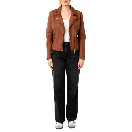 Veste perfecto en cuir de mouton camel avec une coupe droite et un col tailleur - Image 3