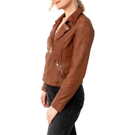 Veste perfecto en cuir de mouton camel avec une coupe droite et un col tailleur - Image 4