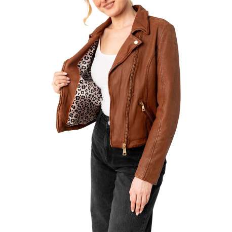 Veste perfecto en cuir de mouton camel avec une coupe droite et un col tailleur - Image 5