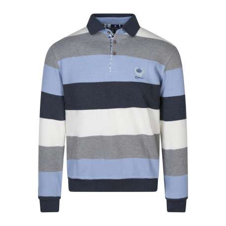 Sweat à rayures bleues, grises et blanches avec un col polo à boutons