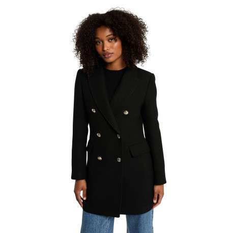 Manteau noir effet lainage pourvu d'un col tailleur et de manches longues - Image 2