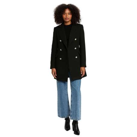Manteau noir effet lainage pourvu d'un col tailleur et de manches longues - Image 5
