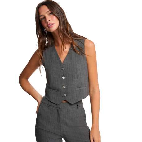 Gilet gris sans manches rayé pourvu d'un col v et de boutons - Image 2