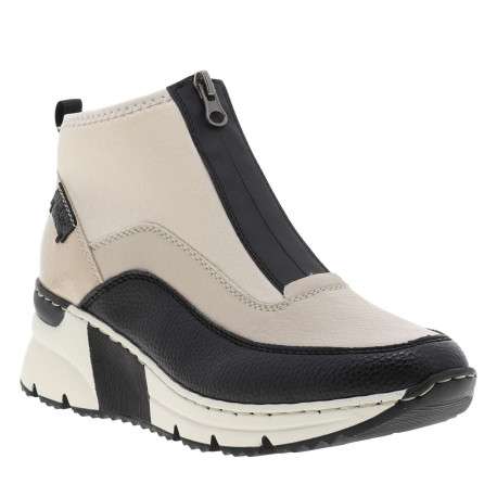 Boots noir et beige à talon semi-compensée avec un zip central - Image 4