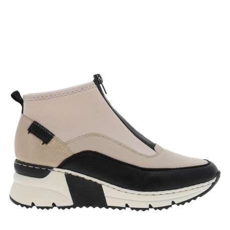 Boots noir et beige à talon semi-compensée avec un zip central