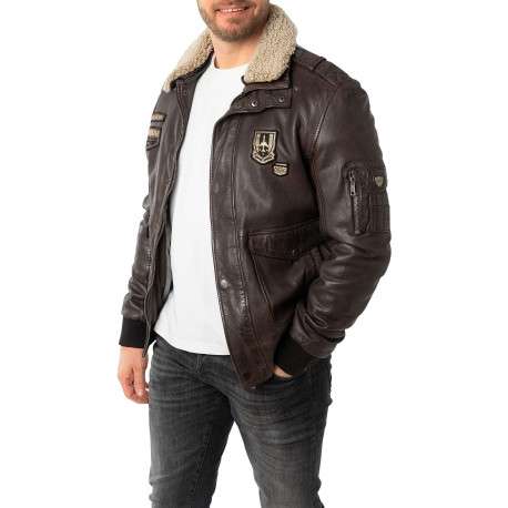 Blouson en cuir de mouton brun uni avec une coupe droite et un col à revers