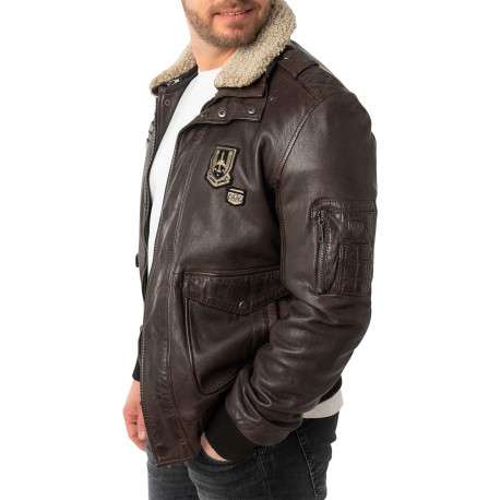 Blouson en cuir de mouton brun uni avec une coupe droite et un col à revers - Image 2