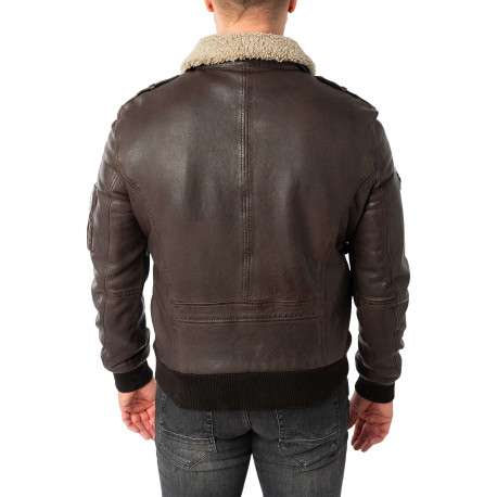 Blouson en cuir de mouton brun uni avec une coupe droite et un col à revers - Image 3