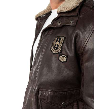 Blouson en cuir de mouton brun uni avec une coupe droite et un col à revers - Image 4