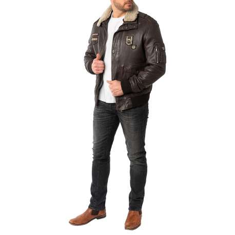 Blouson en cuir de mouton brun uni avec une coupe droite et un col à revers - Image 5