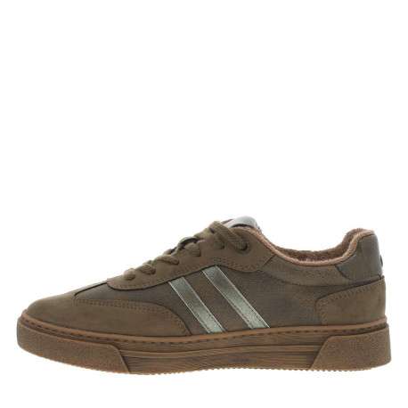 Tennis olive à talon plat avec des lacets et nom de la marque en doré