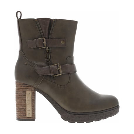 Boots taupe à talon décroché haut et à zip avec boucles et soufflet décoratifs