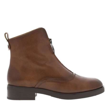 Boots en cuir cognac à talon décroché bas avec un zip sur le devant - Image 2