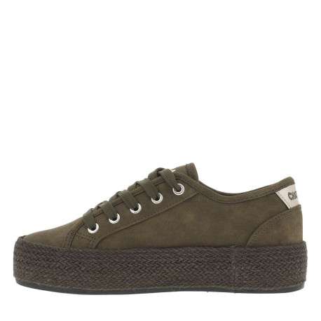 Tennis kaki à talon plateau avec des lacets plats et semelle en corde tressée