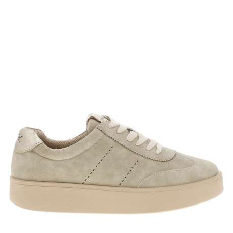 Tennis beiges à talon plateau avec des lacets plats et logo embossé - Image 2