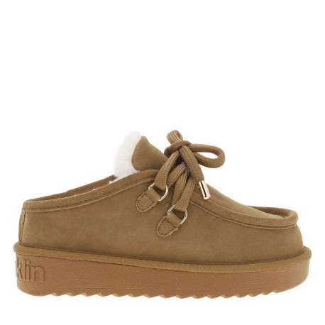 Boots en cuir taupe à talon plateau avec des lacets ronds tressés
